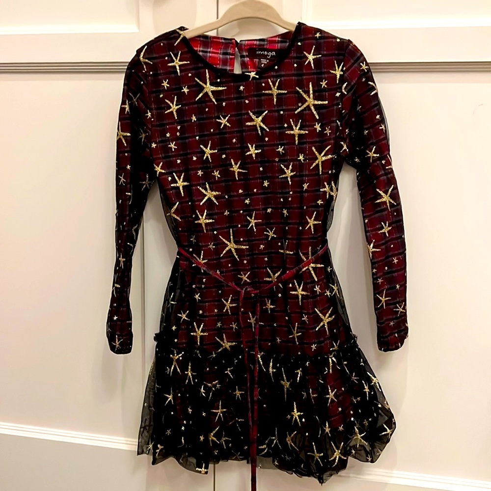 Imoga 3T/4T holiday dress, plaid with gold stars